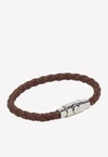 Ferragamo Braided Leather Bracelet With Palladium Finishing In Brown