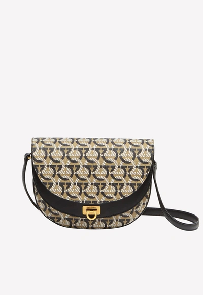 Ferragamo Mini Gancini Print Shoulder Bag In Fabric And Calfskin In Beige