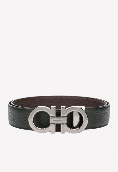 Ferragamo Gancini Two-toned Reversible Leather Belt In Black