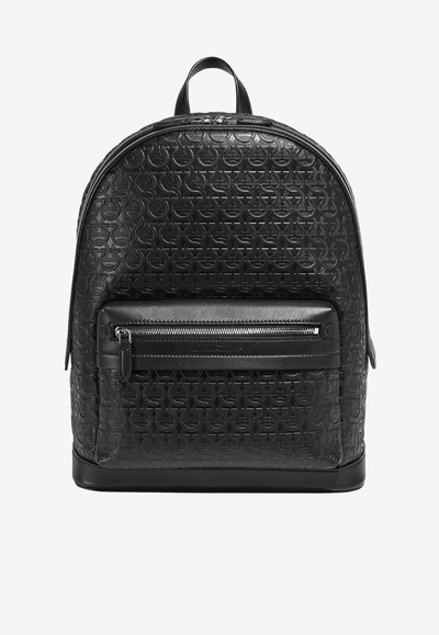 Ferragamo Gancini Embossed Calfskin Leather Backpack In Black