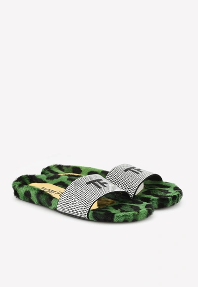 Tom Ford Tf Crystal-embellished Fur Slides In Leopard Print In Green