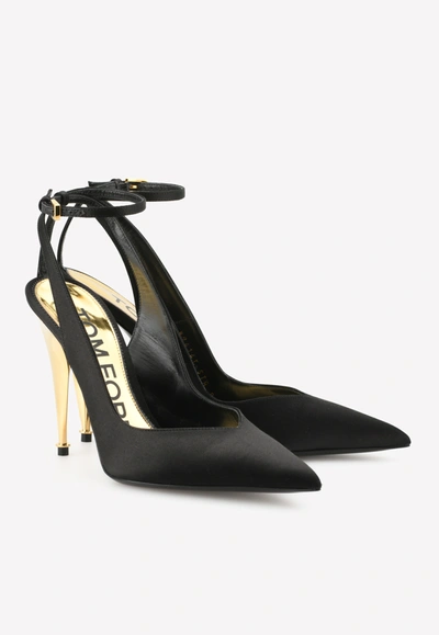 Tom Ford Tf Blade 105 Satin Slingback Pumps With Ankle Strap In Black