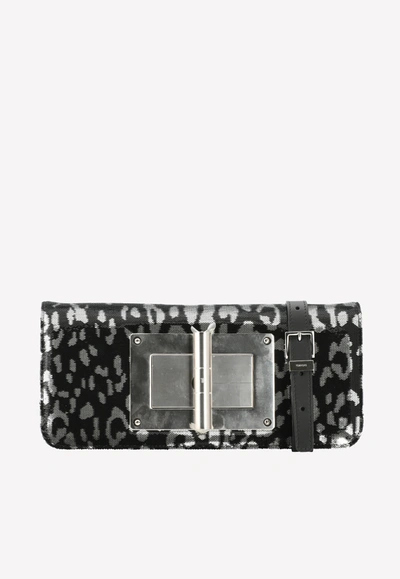 Tom Ford Natalia Sequined Leather Clutch In Leopard Print In Black