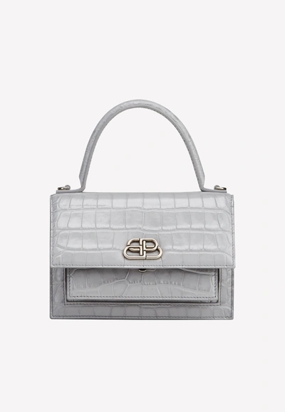 Balenciaga Xs Sharp Satchel Shoulder Bag In Crocodile Embossed Calfskin In Grey
