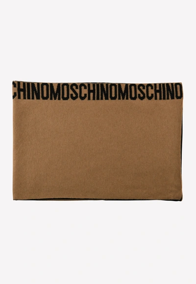 Moschino Monochrome Logo Trim Wool Scarf In Beige