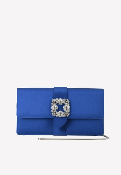 Manolo Blahnik Capri Clc Satin Clear Jewel Buckle Clutch In Blue