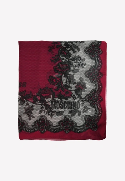 Moschino Chiffon Lace Print Silk Scarf In Purple