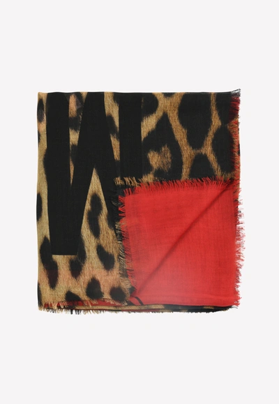 Moschino Leopard Print Wool Scarf In Red