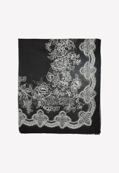 Moschino Chiffon Lace Print Silk Scarf In Black