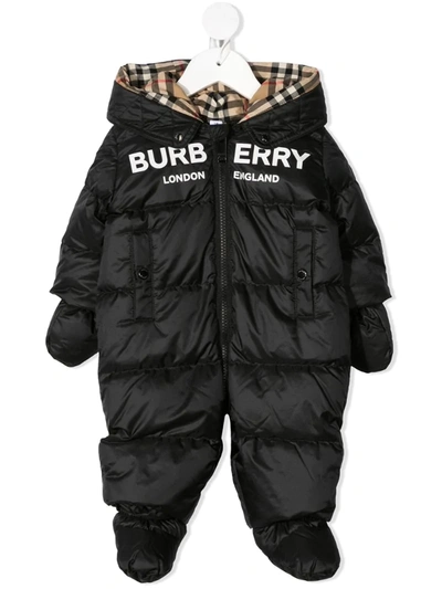 Burberry Babies' Logo印图尼龙羽绒连体衣 In Black