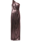 Marchesa Notte One-shoulder Metallic Lamé Gown In Pink
