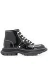 Alexander Mcqueen Contrast Stitching Chunky Outsole Patent Leather Combat Boots In Black