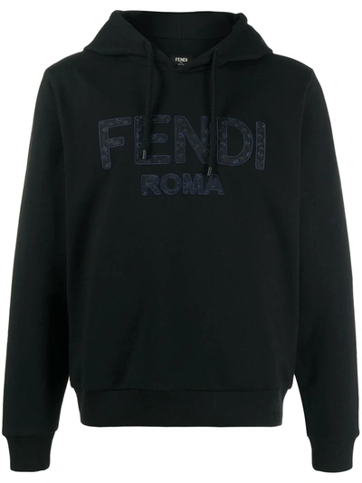 Fendi Floral-embroidered Logo-detail Hoodie In Black