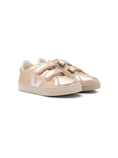 Veja Kids' Laminated Touch Strap Sneakers In Gold