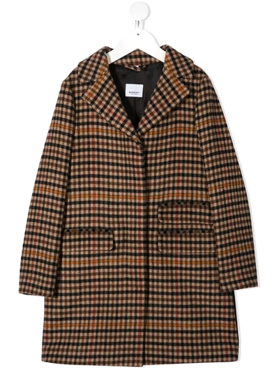 Burberry Kids' Checkered Embroidered Coat In Neutrals