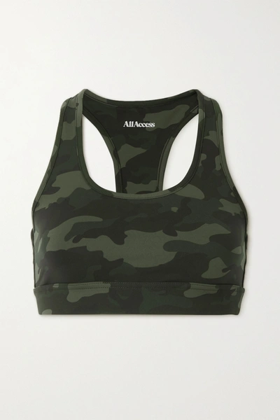 All Access Front Row Stretch Sports Bra In Olive Camo