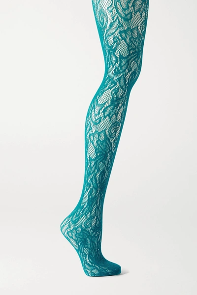 Dries Van Noten Floral Stretch-lace Tights In Turquoise