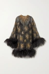 SAINT LAURENT FEATHER-TRIMMED BEADED EMBROIDERED SILK-ORGANZA MINI DRESS