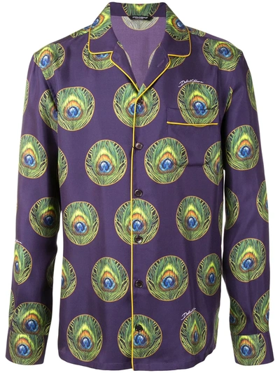 Dolce & Gabbana Polka-dot And Peacock-print Silk Pajama Shirt In Purple