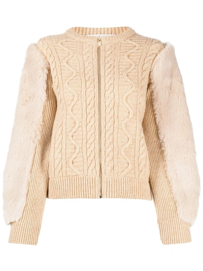 Stella Mccartney Faux Fur-trimmed Cable-knit Wool Jacket In Beige