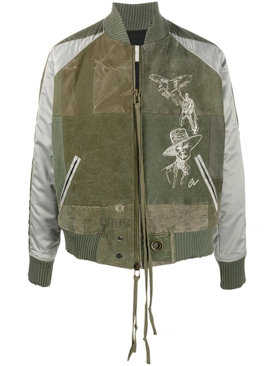 Greg Lauren 缎面拼接设计飞行员夹克 In Green