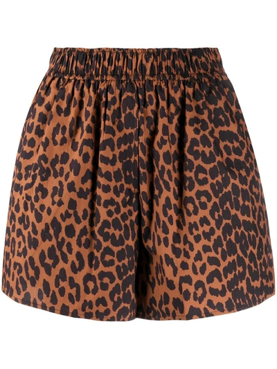 Ganni Leopard-print Cotton-poplin Shorts In Brown