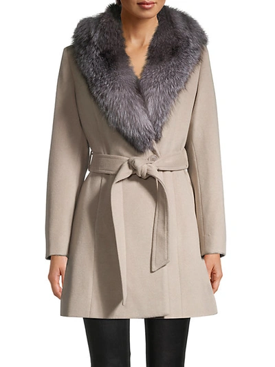 Sofia Cashmere Fox Fur-collar Wool-blend Coat In Beige