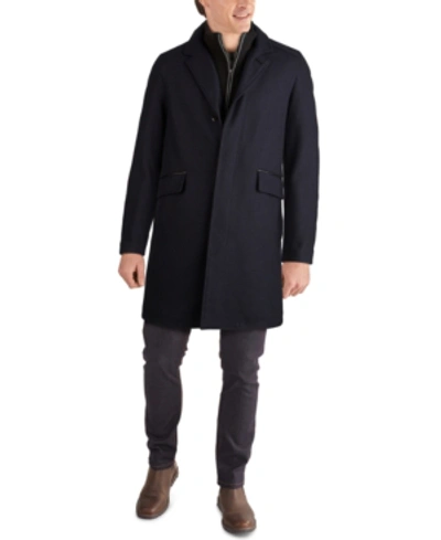 Cole Haan Men's Layered Look Classic-fit Twill Topcoat With Faux-leather Trim In Navy