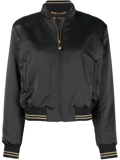 Versace Embroidered Signature Satin Bomber Jacket In 黑色