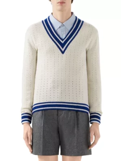 Gucci Men's V-neck Wool Sweater In Milk Blue