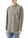 GUCCI MEN'S CHECK COTTON SHIRT WITH CAT PATCH,0400012802593