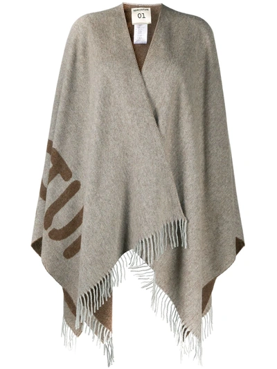 Semicouture Oversized-logo Fringed Shawl In Neutrals