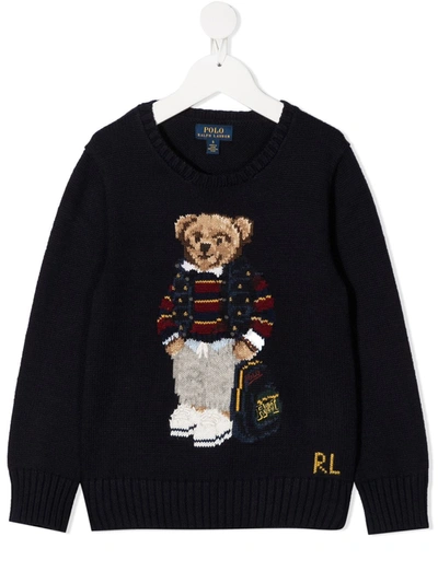 Ralph Lauren Kids' Teddy Bear Intarsia Knit Jumper In Blau