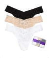 Hanky Panky Signature Set Of Three Low-rise Stretch-lace Thongs In Black,white,chai