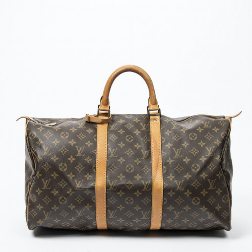 Pre-Owned Louis Vuitton Keepall Brown Cotton Travel Bag | ModeSens