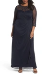 Alex Evenings Beaded Illusion Neck A-line Gown In Dark Navy