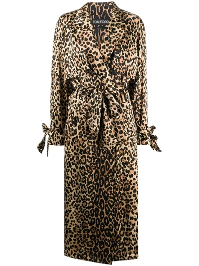 Tom Ford Fluid Leopard Print Trench Coat In Brown