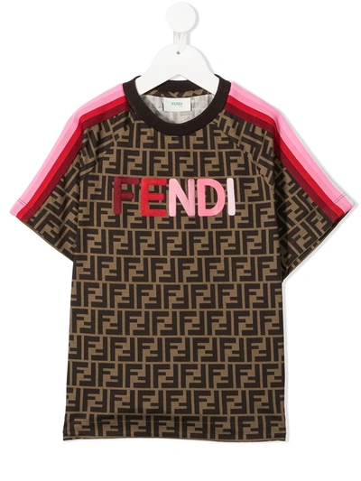 Fendi Kids' Logo Patch Monogram T-shirt In Brown