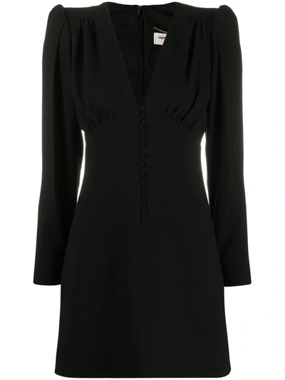 Saint Laurent Buttoned V-neck Mini Dress In Black