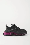 BALENCIAGA TRIPLE S CLEAR SOLE LOGO-EMBROIDERED LEATHER, NUBUCK AND MESH SNEAKERS