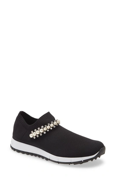 Jimmy Choo Verona Knit Sneakers W/ Crystal Stud Strap In Black White