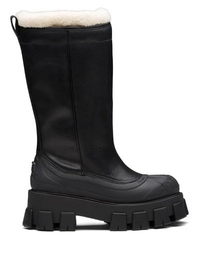 Prada Monolith Shearling-lined Leather Boots In Black