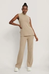 NA-KD WIDE KNITTED PANTS - BEIGE