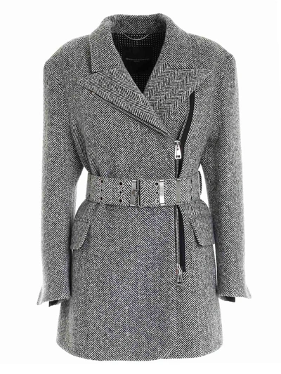 Ermanno Scervino Herringbone Coat In Black And White In Grey