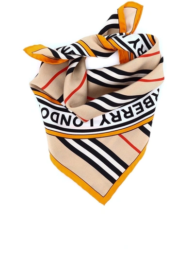 Burberry Striped Logo Print Silk Scarf In Beige