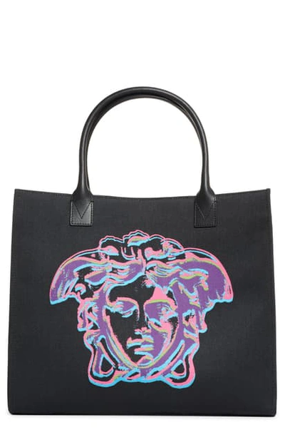 Versace Canvas Tote Bag With Medusa Embroidery In Black Multi/ Tribute Gold