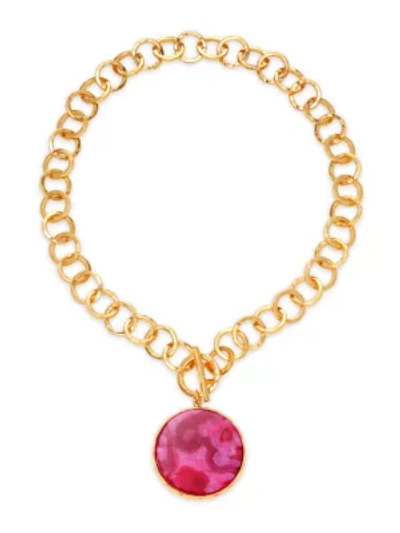 Nest 22k Goldplated & Magenta Agate Pendant Hammered Link Necklace In Pink