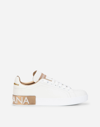 Dolce & Gabbana Portofino White And Gold Low Top Sneakers With Logo In Leather Woman In Gold