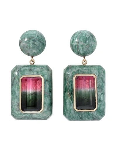 Retrouvai 18kt Yellow Gold, Tourmaline And Serpentine Lollipop Earrings
