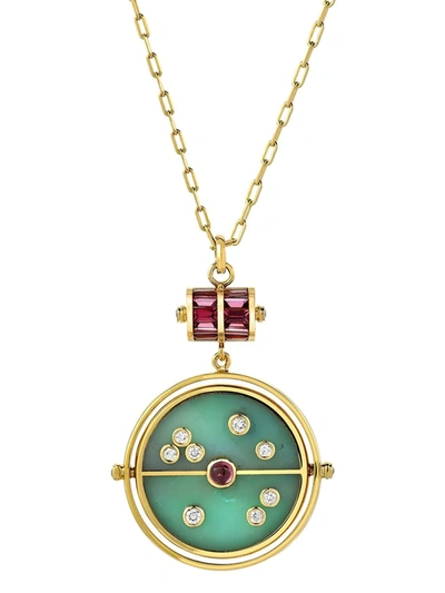Retrouvai 18kt Yellow Gold, Diamond, Garnet And Green Turquoise Grandfather Compass Pendant Necklace